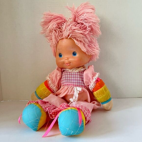 Vintage 1983 Hallmark 15” Rainbow Brite Pink Hair Plush Doll Gingham Lace Dress
